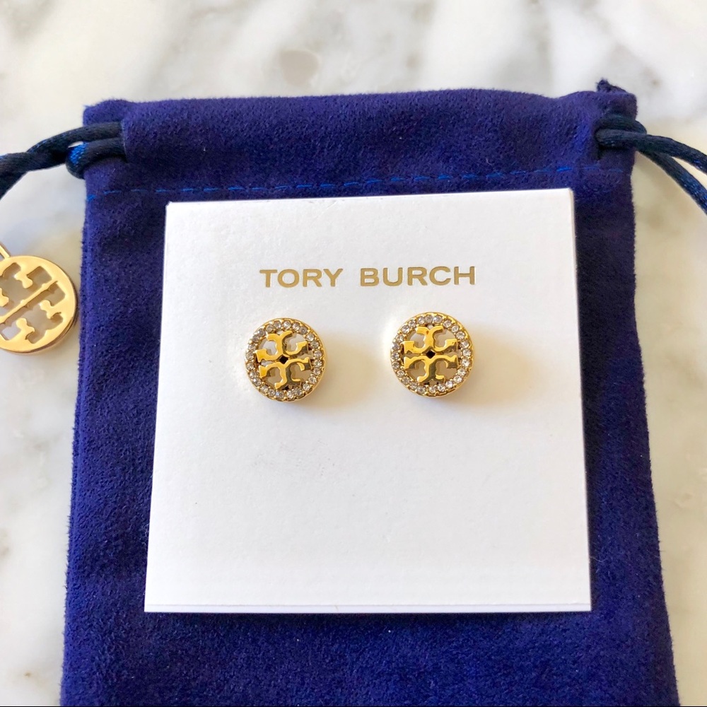 Tory Burch Gold Crystal Logo Circle Stud Earrings